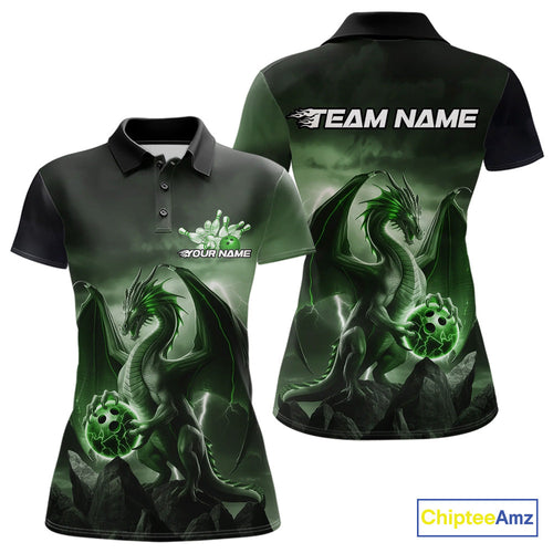 Custom Black And Green Thunder Lightning Dragon Bowling Women Polo Shirts, Team Outfit IPHW9100