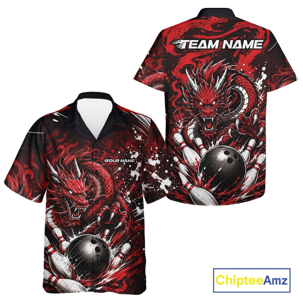 Bowling shirt with red dragon design on a white background, featuring 'Chiptee Amz' branding.