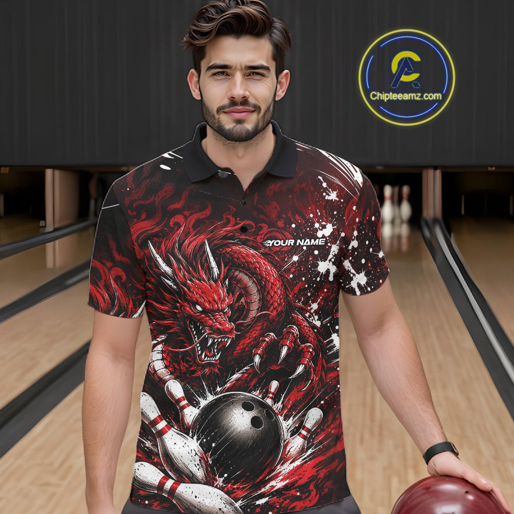 Man wearing a red and black dragon-themed bowling shirt on a bowling alley.