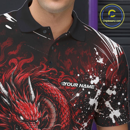 Black polo shirt with red dragon design and 'Your Name' text on a dark background
