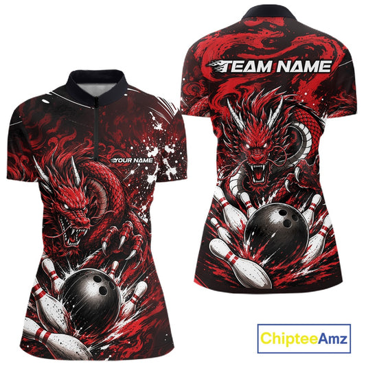 Red and black bowling shirt with dragon design and 'Team Name' text, featuring Chiptee Amz branding.