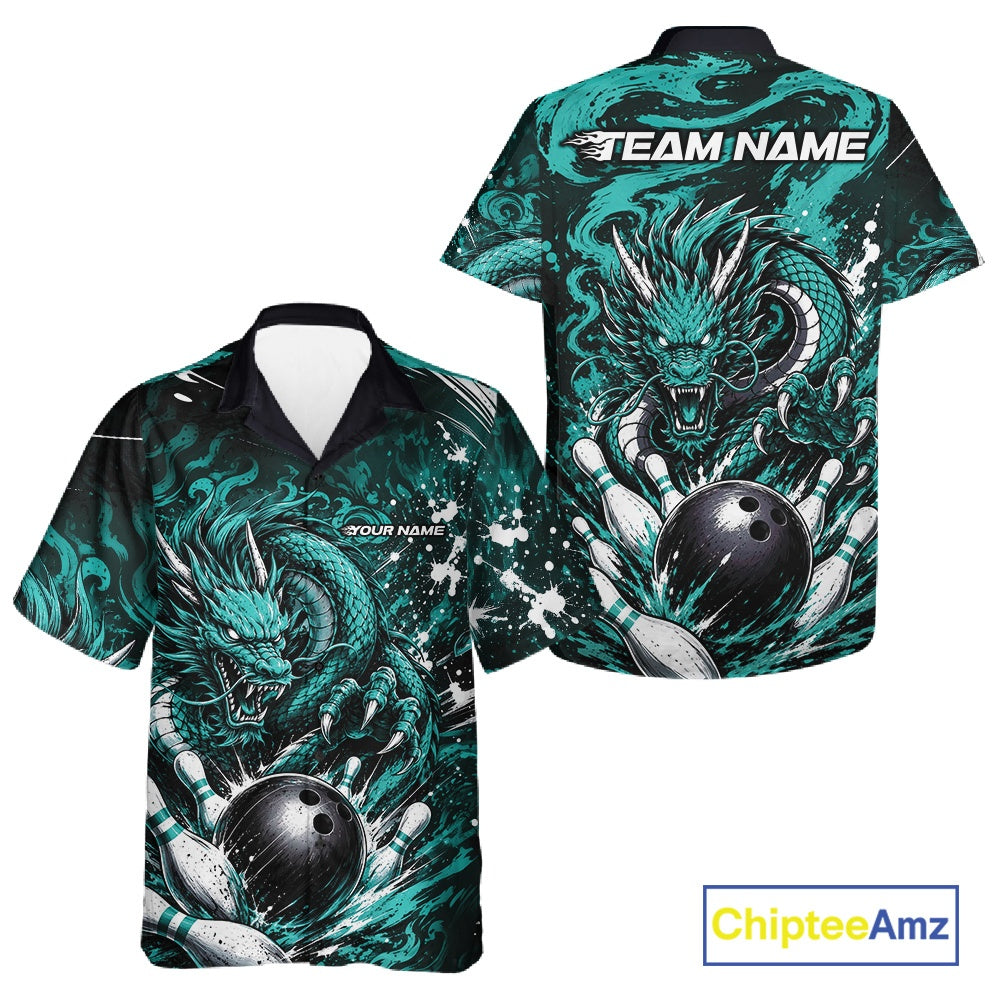 Teal bowling shirt with dragon design on a white background, featuring 'Chiptee Amz' branding.