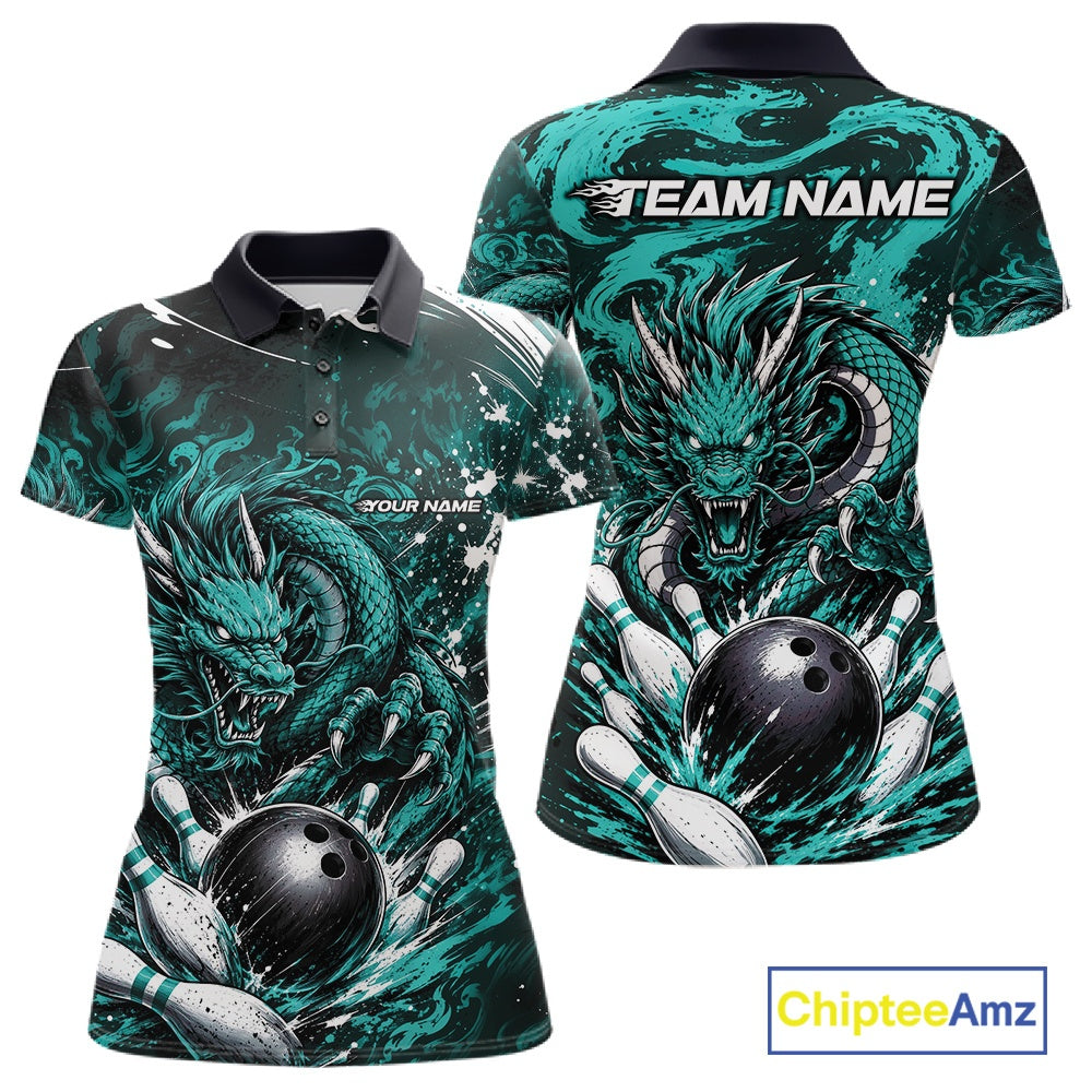 Teal dragon-themed polo shirt with customizable text on a white background
