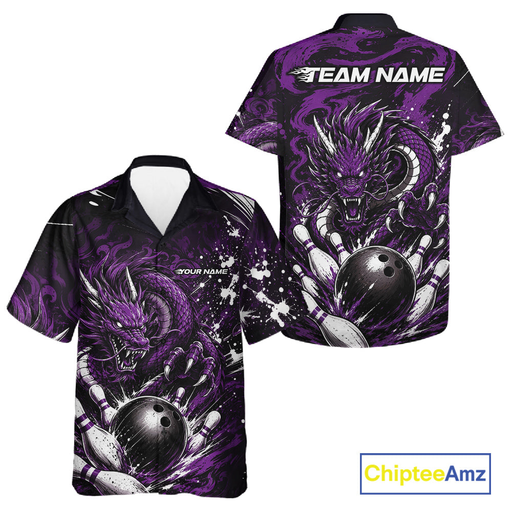 Bowling shirt with purple dragon design on a white background, featuring 'Chiptee Amz' branding.