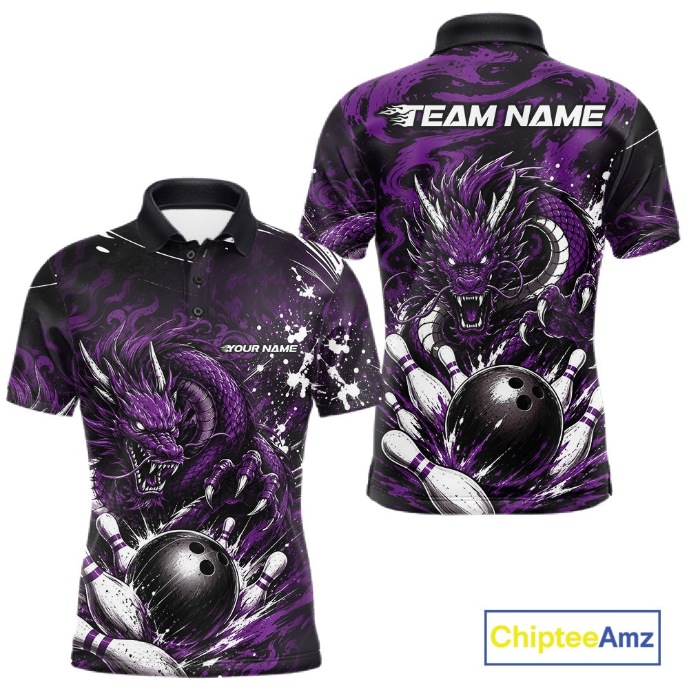 Purple and black dragon-themed polo shirt with 'Team Name' and 'Your Name' text on a white background.