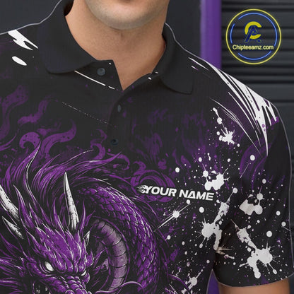 Black polo shirt with purple dragon design and 'Your Name' text on a dark background