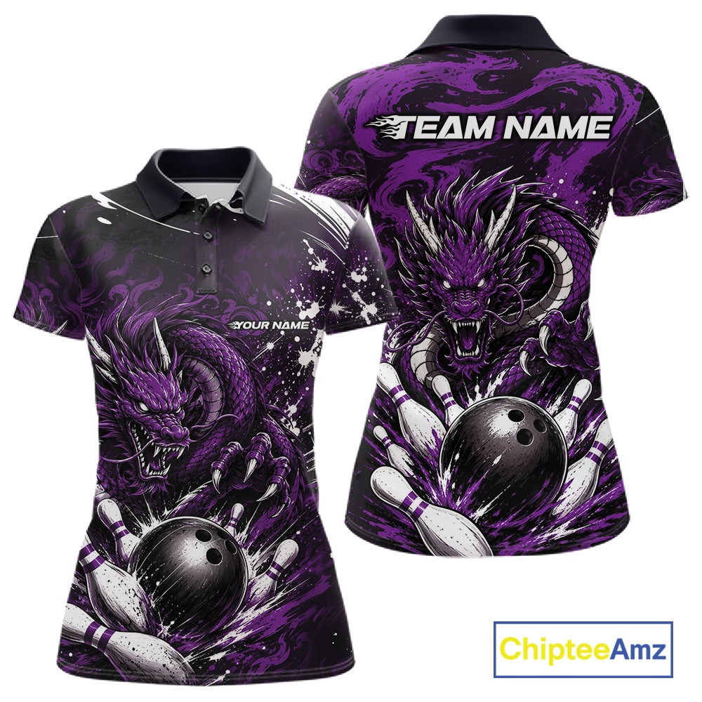 Purple dragon-themed bowling shirt with 'Team Name' and 'Your Name' text on a white background.