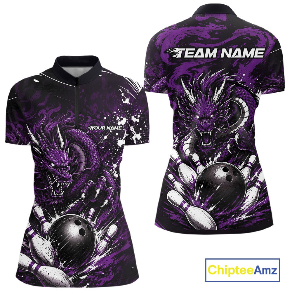 Purple and black bowling shirt with dragon design and 'Team Name' text on a white background.