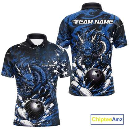 Blue and black dragon-themed polo shirt with customizable text on a white background