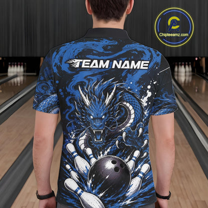Person wearing a blue dragon-themed bowling shirt with 'TEAM NAME' text in a bowling alley.