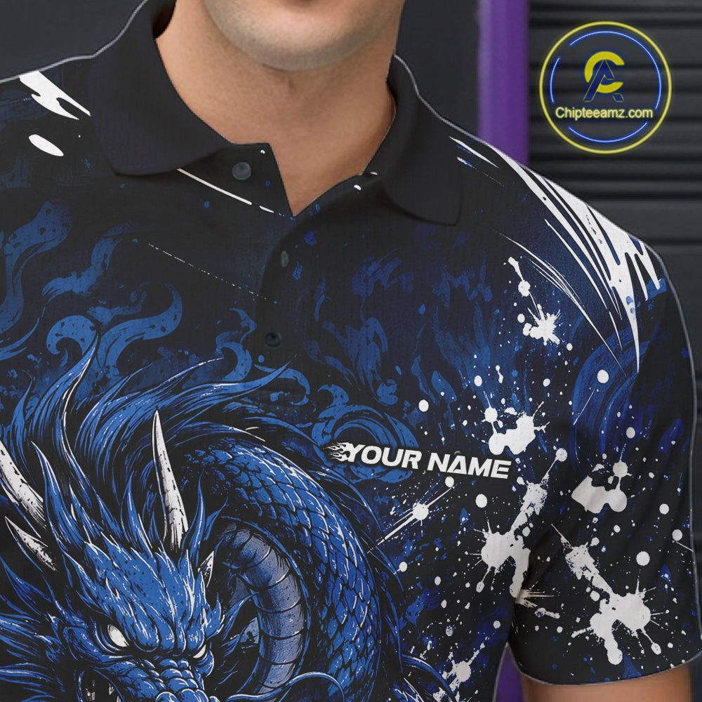 Black polo shirt with blue dragon design and 'Your Name' text, brand logo visible.