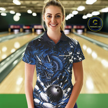 Load image into Gallery viewer, Woman wearing a blue dragon-themed bowling shirt in a bowling alley.
