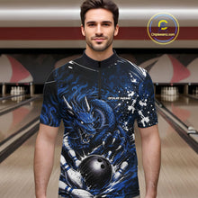 Load image into Gallery viewer, Man wearing a blue dragon-themed bowling shirt in a bowling alley.
