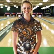 Load image into Gallery viewer, Woman wearing a custom bowling shirt with a dragon design in a bowling alley.