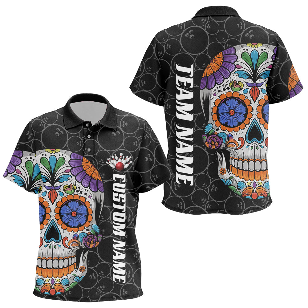 Custom Sugar Skull Bowling Polo Shirts For Kid, Halloween Bowling Team Shirts IPHW7426