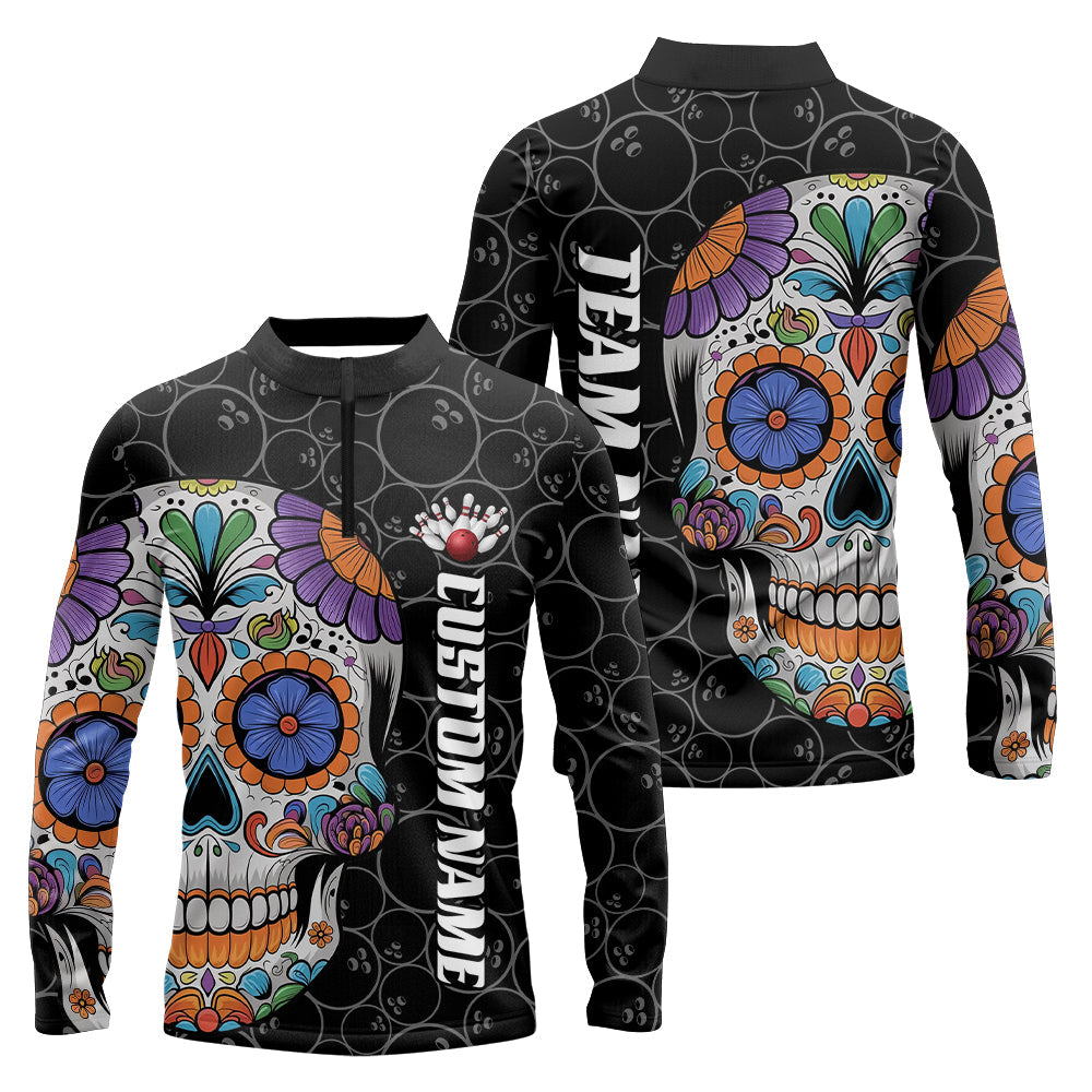 Custom Sugar Skull Bowling Long Sleeve Quarter-Zip Shirts For Men, Halloween Bowling Team Shirts IPHW7426