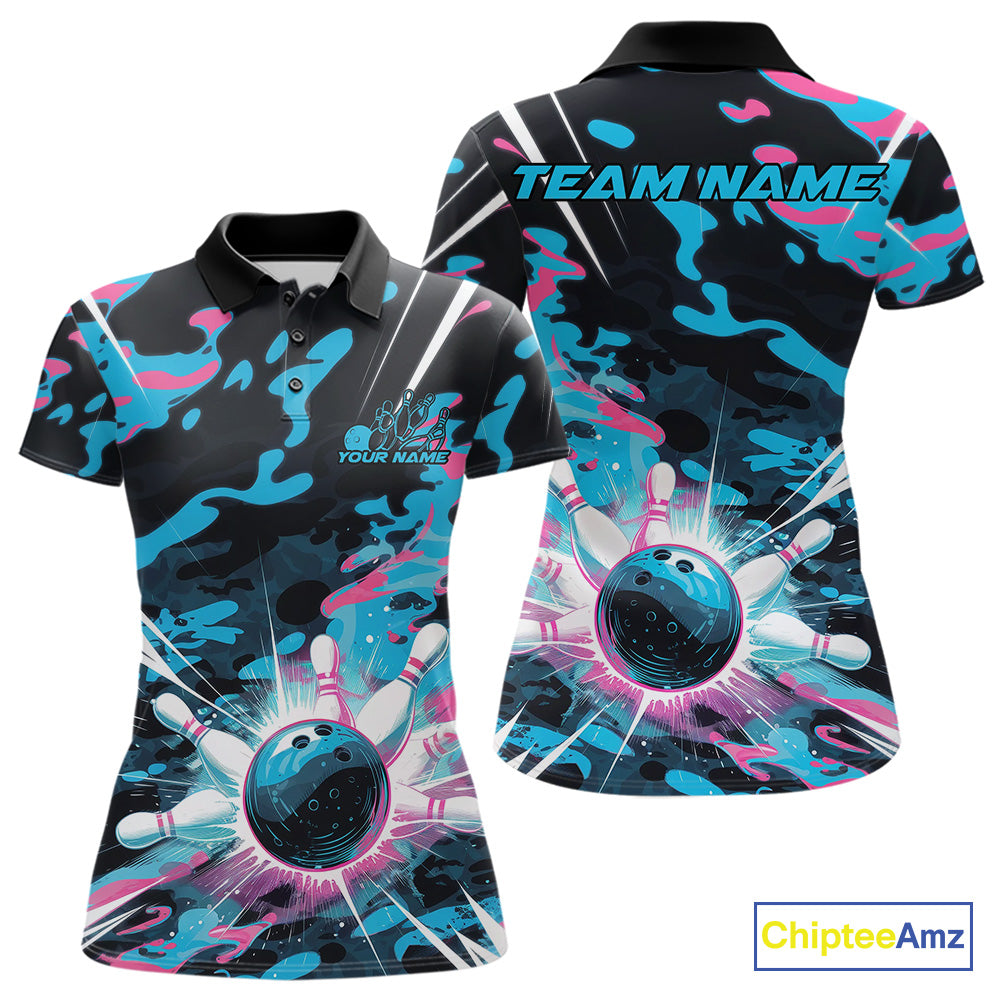 Custom Blue And Pink Camo Bowling Polo Shirts For Women, Camouflage Bowling Team Outfit IPHW9832