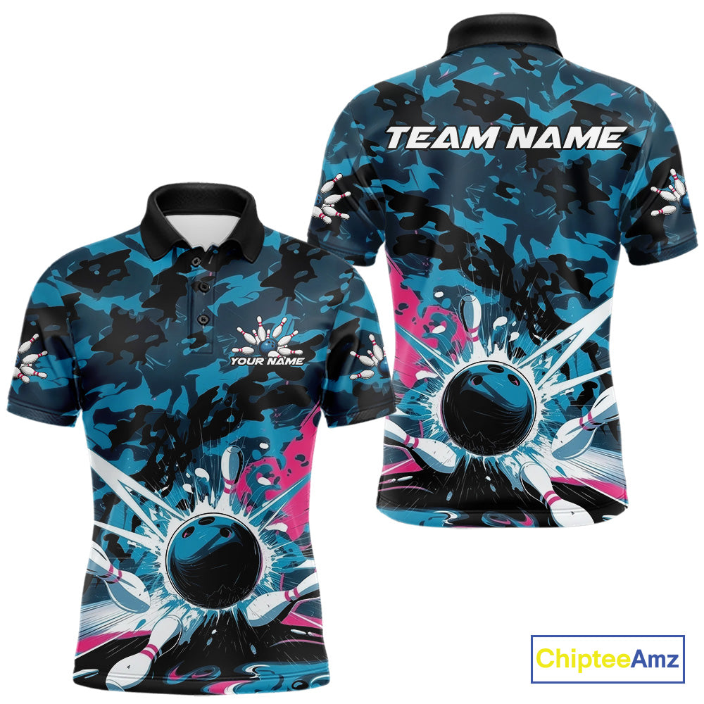 Custom Blue And Pink Camo Bowling Polo Shirts For Men, Camouflage Bowling Team Outfit IPHW9833