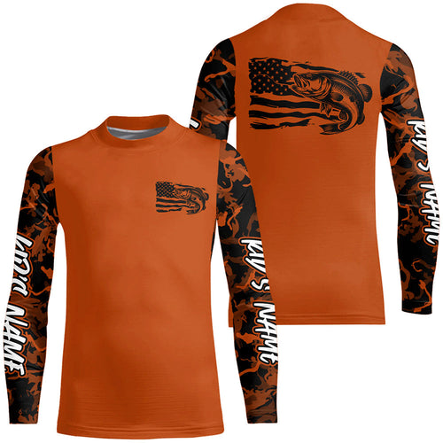 Orange Camo US Flag Largemouth Bass Custom Patrotic Kid Long Sleeve Fishing Shirt IPHW8136
