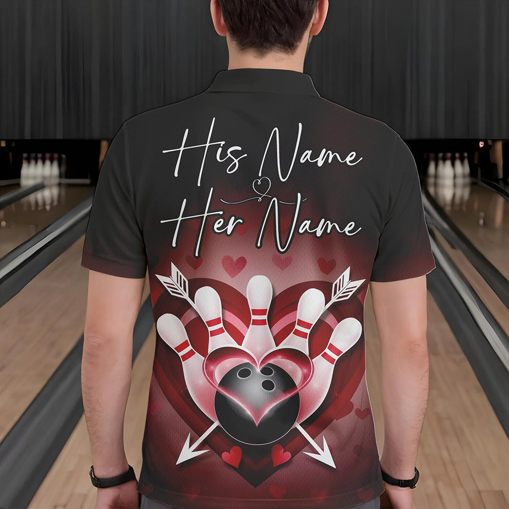 Custom Valentine Bowling Heart And Arrow Polo Shirts For Men, Couple Bowling Outfits IPHW8368