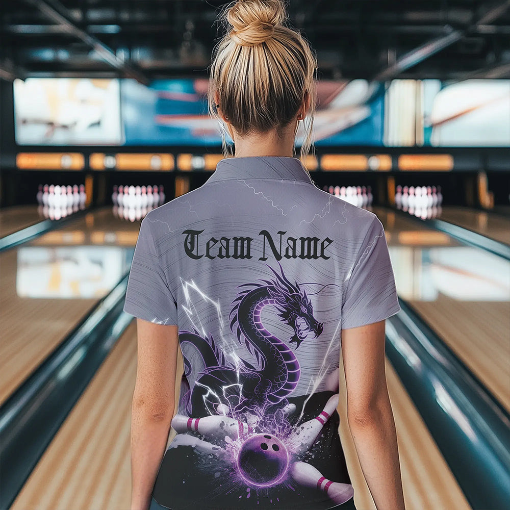 Custom Purple Thunder Lightning Dragon Bowling Polo Shirts For Women, Bowling Team Uniform IPHW8558