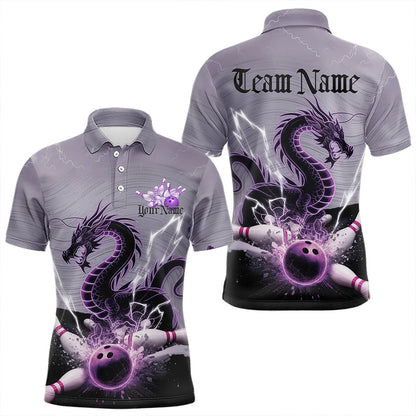 Custom Purple Thunder Lightning Dragon Bowling Polo Shirts For Men, Bowling Team Uniform IPHW8558