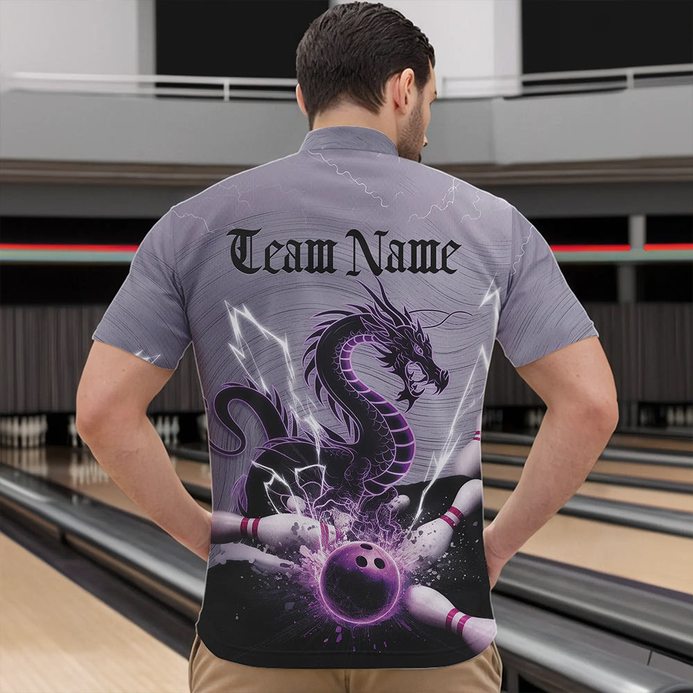 Custom Purple Thunder Lightning Dragon Bowling Quarter-Zip Shirts For Men, Bowling Team Uniform IPHW8558