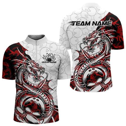 Custom Red Camo Dragon Bowling Tattoo Men Quarter-Zip Shirts, Dragon Bowling League Team Shirt IPHW8883