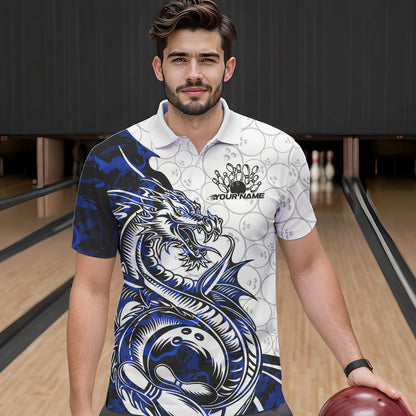 Custom Blue Camo Dragon Bowling Tattoo Men Polo Shirts, Dragon Bowling League Team Shirt IPHW8884