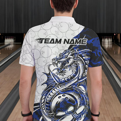 Custom Blue Camo Dragon Bowling Tattoo Men Polo Shirts, Dragon Bowling League Team Shirt IPHW8884