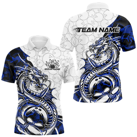 Custom Blue Camo Dragon Bowling Tattoo Men Polo Shirts, Dragon Bowling League Team Shirt IPHW8884