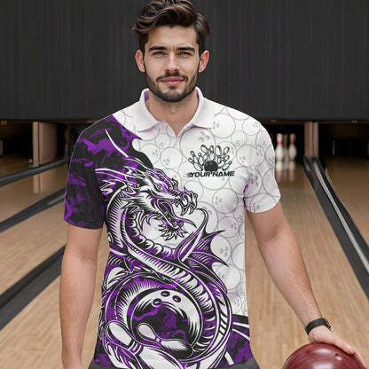 Custom Purple Camo Dragon Bowling Tattoo Men Polo Shirts, Dragon Bowling League Team Shirt IPHW8885