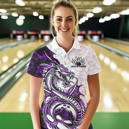 Custom Purple Camo Dragon Bowling Tattoo Women Polo Shirt, Dragon Bowling League Team Shirt IPHW8885