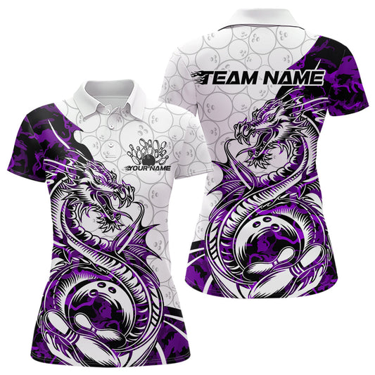 Custom Purple Camo Dragon Bowling Tattoo Women Polo Shirt, Dragon Bowling League Team Shirt IPHW8885