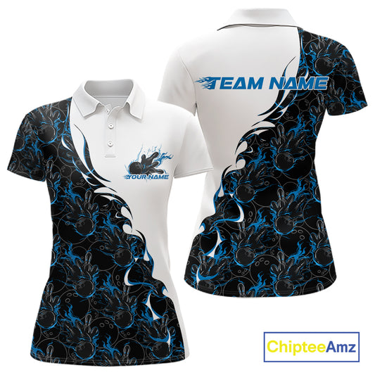 Front and back view of womens polo shirt mockup, white shirt featuring blue and black flame bowling pattern artwork, sporty apparel presentation