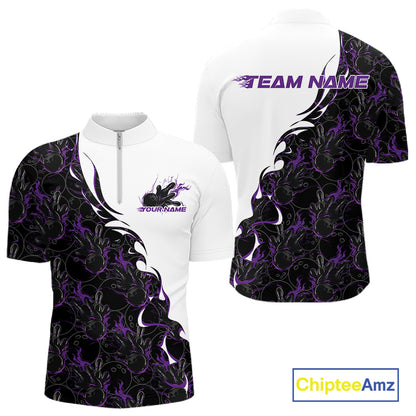 Mens quarter zip bowling shirt mockup showing white shirt with purple and black flame bowling pattern in a bold front and back layout