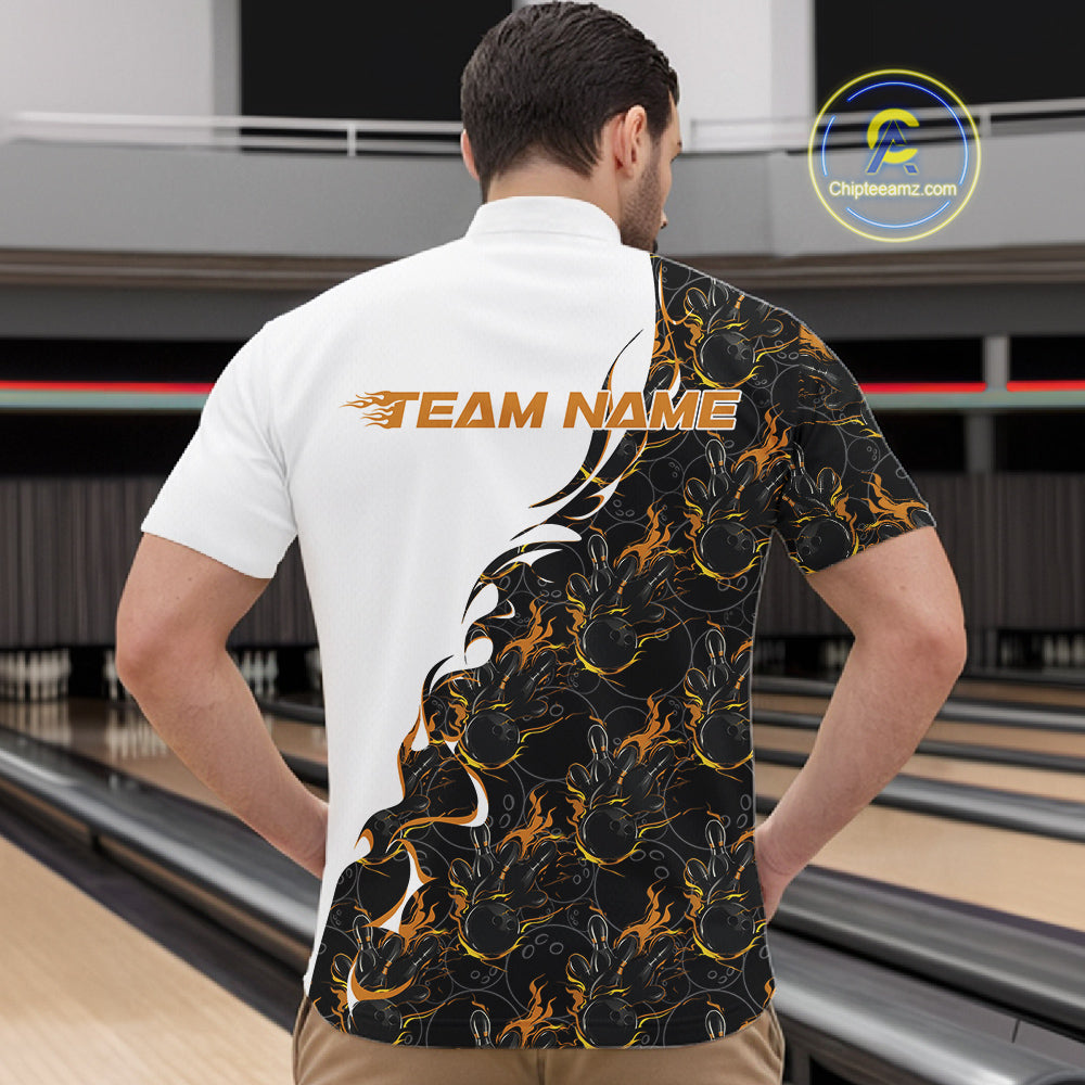 Male model in a bowling lane wearing a white quarter zip shirt, front view featuring yellow and black flame bowling pattern with dynamic sports graphics