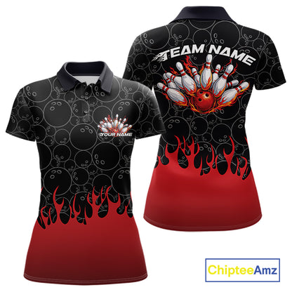 Front and back view of a womens black polo shirt mockup featuring bowling ball pattern with vibrant red flames rising from the bottom and bold bowling graphics.