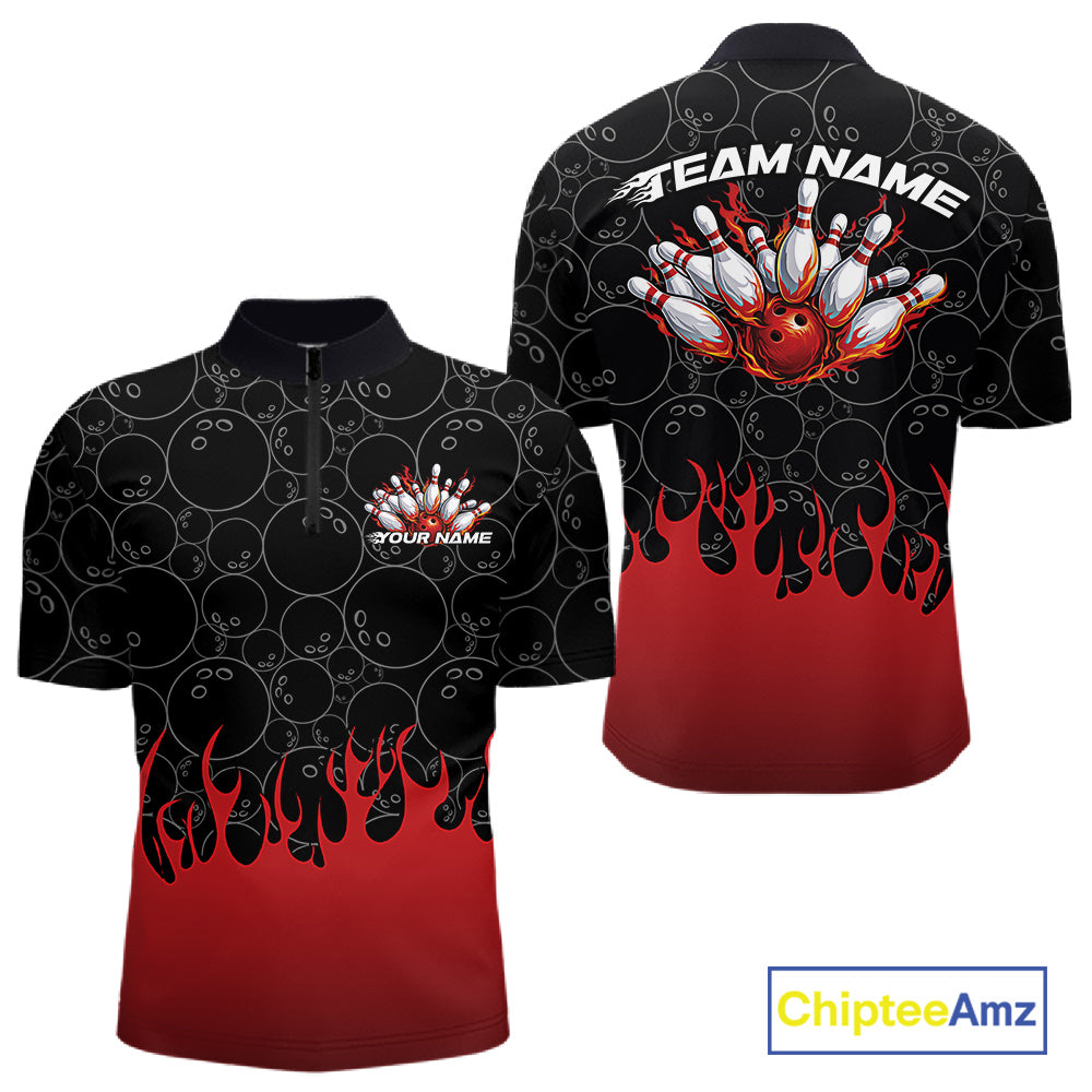 Mens quarter zip bowling shirt mockup featuring black shirt with bowling ball pattern and vibrant red flames rising from the bottom in a bold bowling action design