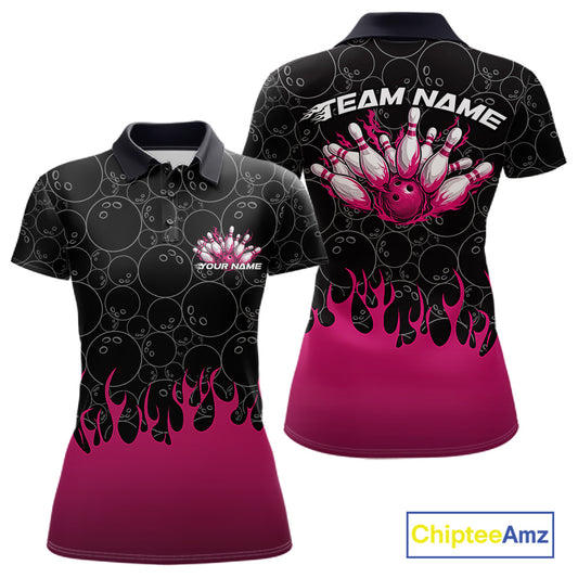 Front and back view of a womens black polo shirt mockup featuring bowling ball pattern with vibrant pink flames rising from the bottom and sporty bowling illustration.