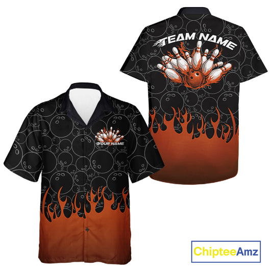 Front and back view of a black button-up bowling shirt mockup showcasing bowling ball pattern with vibrant orange flames rising and energetic bowling-inspired graphics.