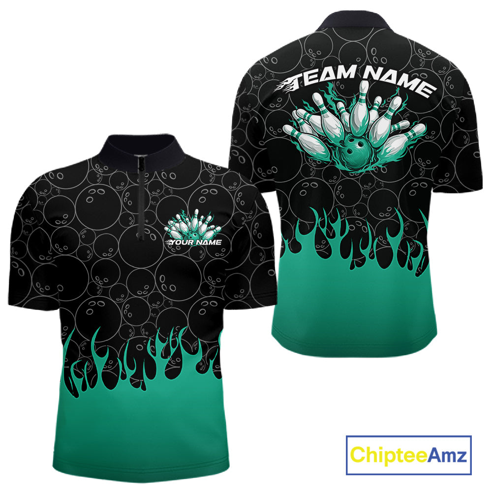 Mens quarter zip bowling shirt mockup featuring black shirt with bowling ball pattern and vibrant turquoise green flames rising from the lower design area