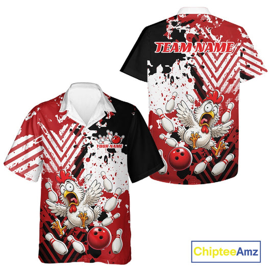 Custom Funny Chicken Bowling Team Shirt For Men And Women, Red Splatter Chicken Bowling Jerseys IPHW11634