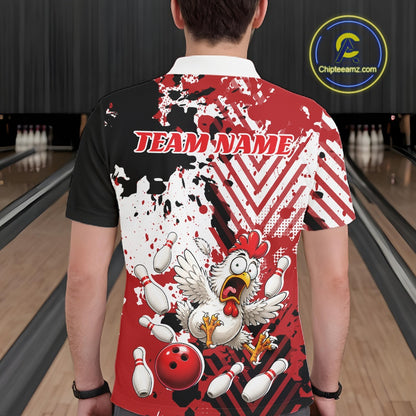 Custom Funny Chicken Bowling Team Shirt For Men, Red Splatter Chicken Bowling Jerseys IPHW11634