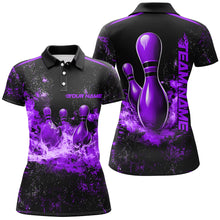 Load image into Gallery viewer, Black And Purple Bowling Pins Flame Custom Ladies Bowling Team Shirt, Bowling League Shirt IPHW7723