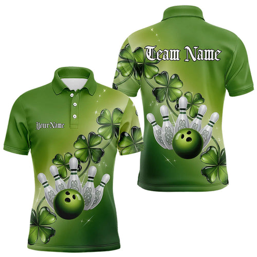 Custom Green Shamprock Saint Patricks Bowling Polo Shirts For Men, Lucky Bowling Team Shirt IPHW8578