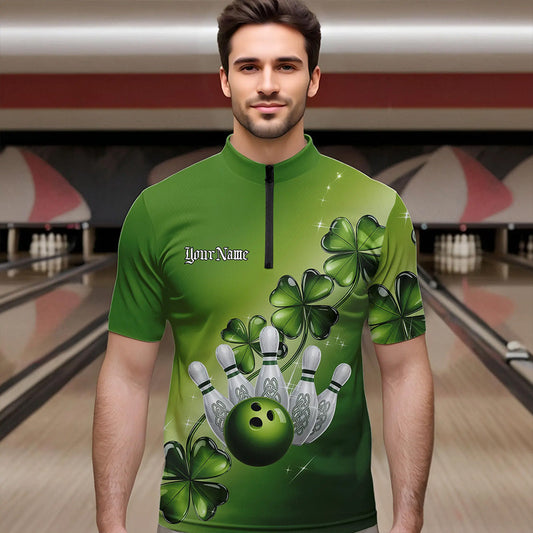 Custom Green Shamprock Saint Patricks Bowling Quarter-Zip Shirts For Men, Lucky Bowling Team Shirt IPHW8578