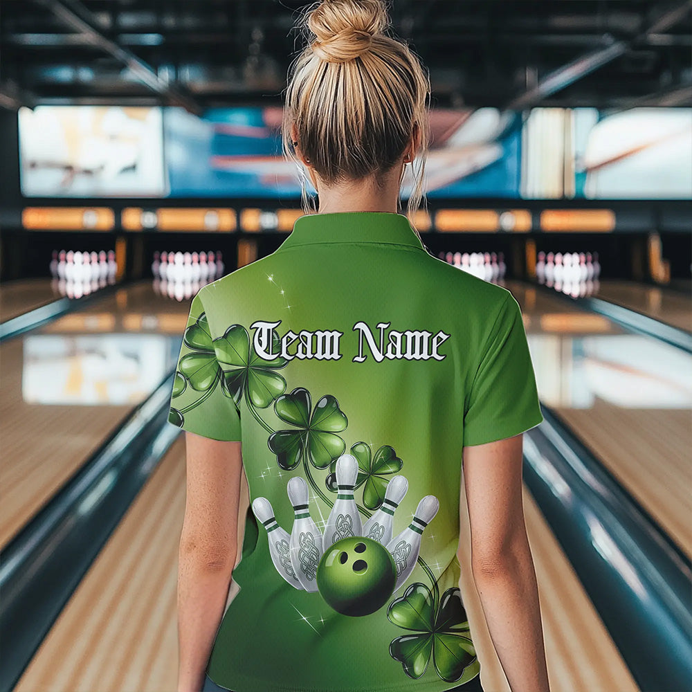 Custom Green Shamprock Saint Patricks Bowling Womens Quarter-Zip Shirt, Lucky Bowling Shirt IPHW8578