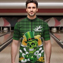 Load image into Gallery viewer, Custom Funny Saint Patricks Day Skull And Beer Bowling Quarter-Zip Shirt For Men, Lucky Team Shirt IPHW8579