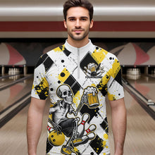 Load image into Gallery viewer, Custom Yellow Argyle Pattern Funny Skeleton Bowling And Beer Men Quarter-Zip Shirts, Team Outfit IPHW8892